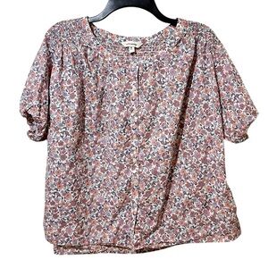 LUCKY BRAND pastel 100% cotton floral button front short sleeve shirt Medium